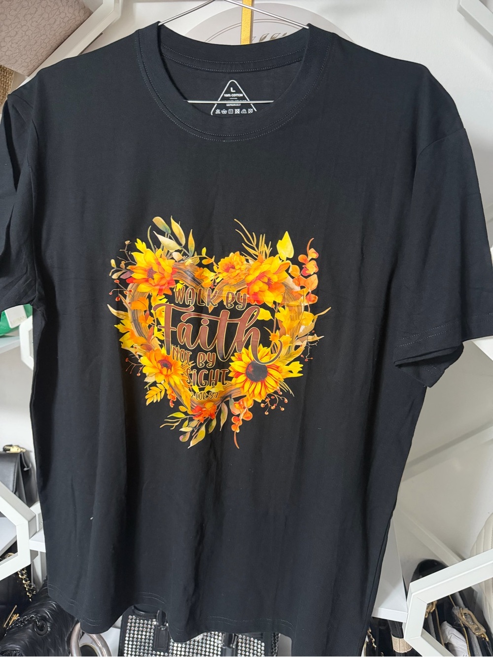 Black Graphic Tee with Yellow Floral Heart "Faith"